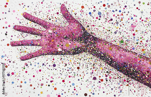 Vibrant Red Paint Splatter with Child's Handprint on Textured White Paper – Artistic Design Featuring Scattered Pink Glitter Edges, Perfect for Creative Projects and High-Resolution Visuals photo