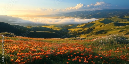 Orange Poppy Fields: Serene Hillside Sunset Panorama