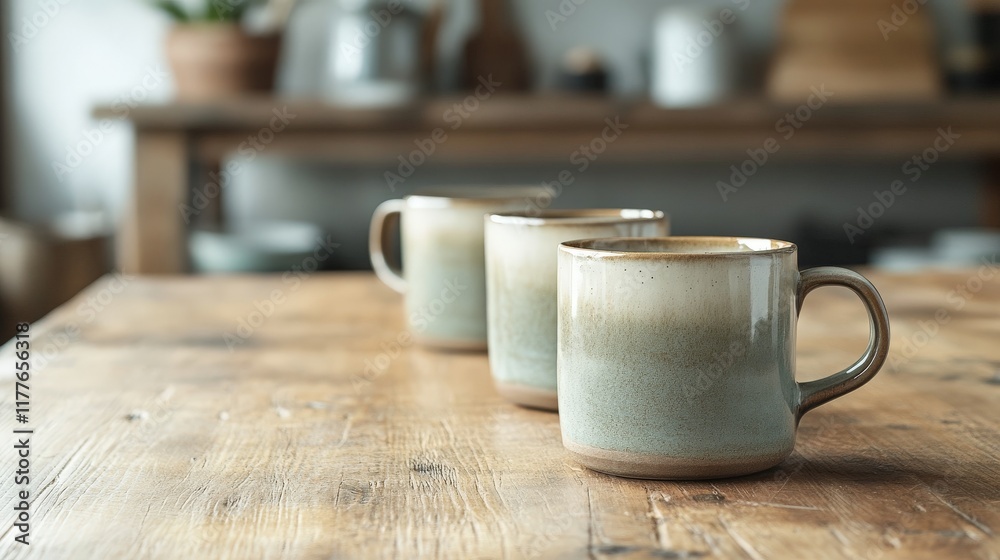 Rustic ceramic mugs on wooden table with blurred kitchen background Rustic ceramic mugs on wooden table with blurred kitchen background
