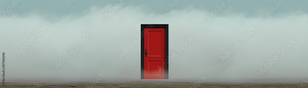 A vibrant red door stands alone amidst a misty landscape, symbolizing opportunity and mystery in an ethereal setting. A vibrant red door stands alone amidst a misty landscape, symbolizing opportunity and mystery in an ethereal setting.