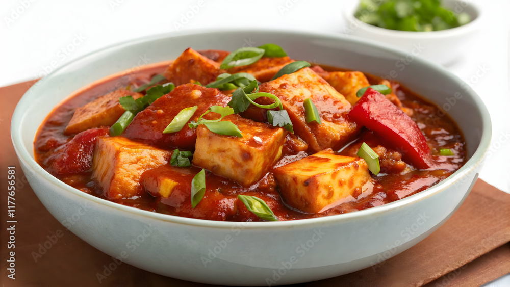 Spicy Tofu Dish with Red Sauce and Green Onions in White Bowl Spicy Tofu Dish with Red Sauce and Green Onions in White Bowl
