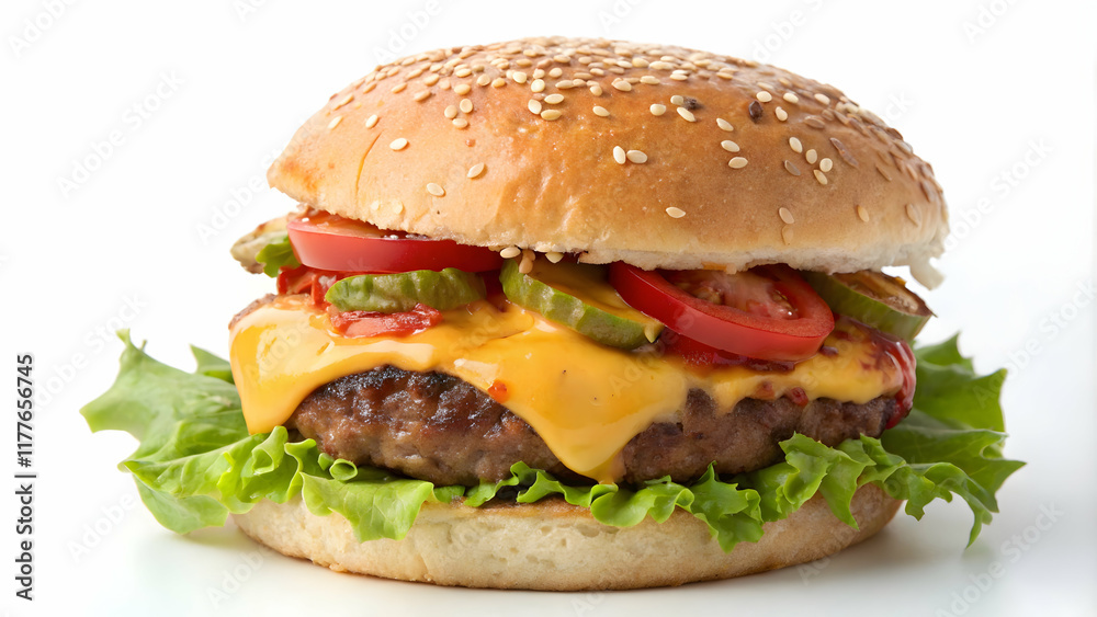 Title Close-Up Cheeseburger with Sesame Seed Bun and Fresh Vegetables Title Close-Up Cheeseburger with Sesame Seed Bun and Fresh Vegetables