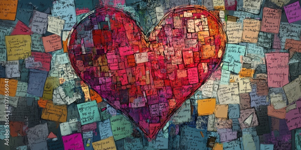Obraz premium A large red heart formed from many colorful notes