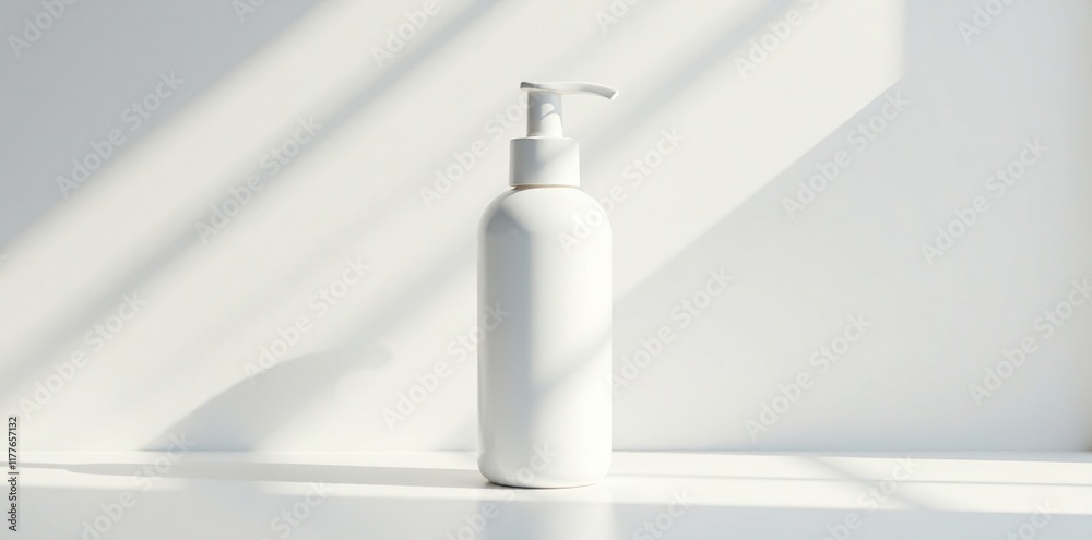 Elegant white pump bottle positioned against a clean white surface adorned with soft and soothing light streaks, surface, lightstreaks Elegant white pump bottle positioned against a clean white surface adorned with soft and soothing light streaks, surface, lightstreaks