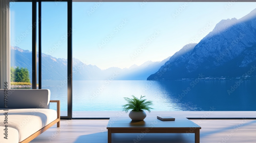 Fototapeta premium Bright and Airy Waterfront View - Serene lakeside living, panoramic mountain views, bright sunlight, minimalist interior, tranquil atmosphere.