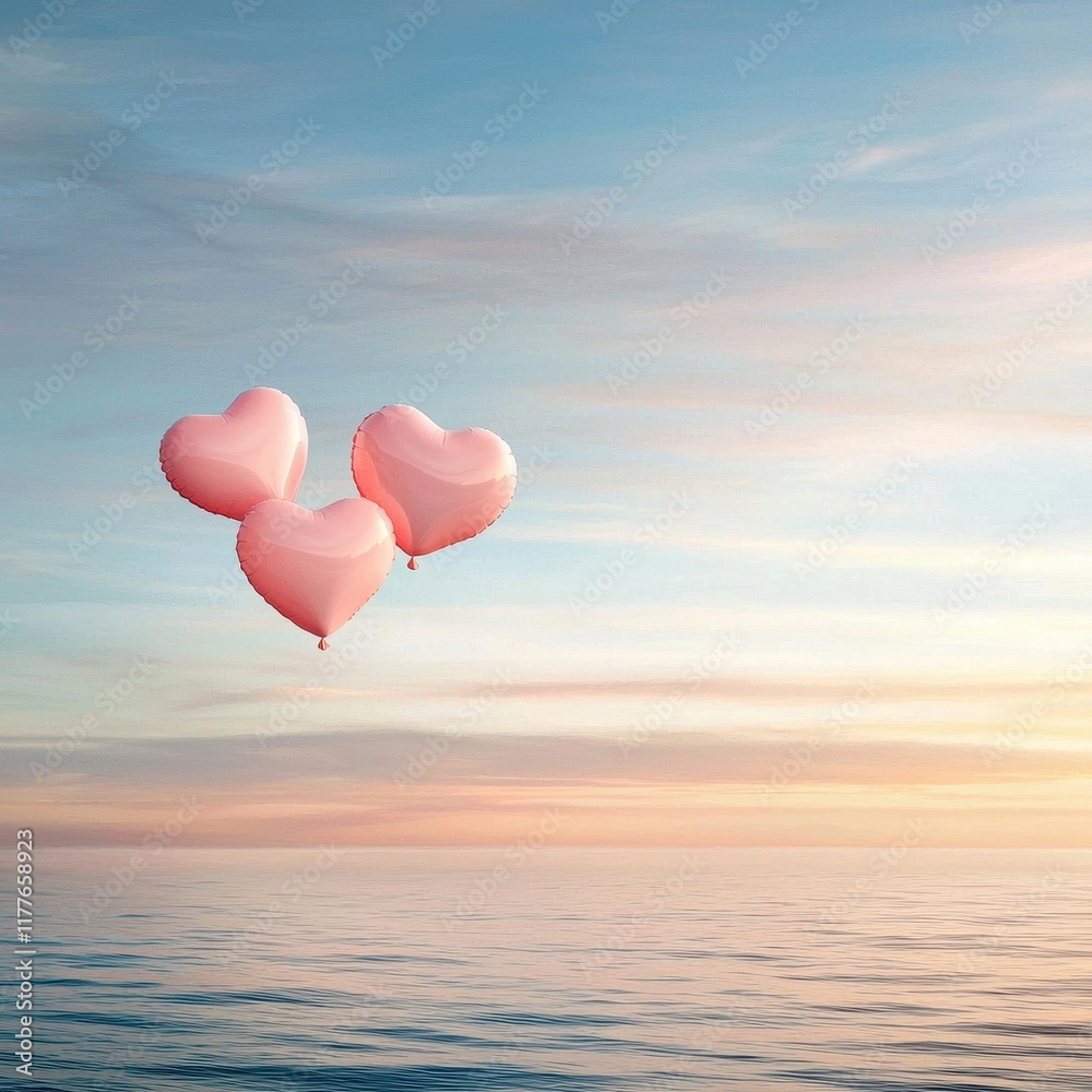Fototapeta premium Transparent heart balloons floating gently over a calm sea at sunset, warm pastels, surreal vibe.