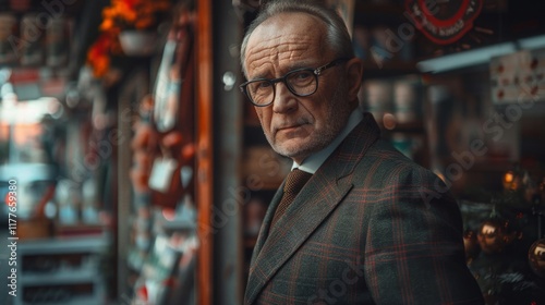 Wallpaper Mural Distinguished older man in vintage attire stands thoughtfully outside a market lined with colorful goods in a lively urban setting Torontodigital.ca