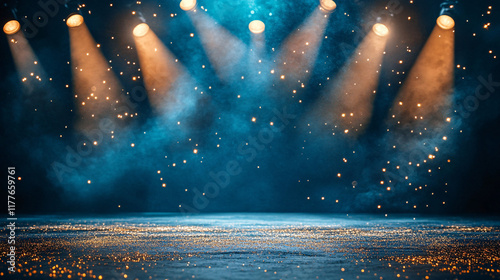 A deep blue background with gold sparkles, showcasing an elegant stage podium display with luxury.

 photo