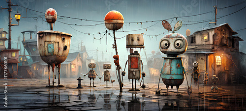 Old funny robots standing on a street, appears to be a part of a formerly futuristic city