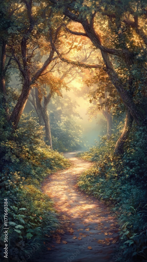 Strolling along a winding pathway through a serene forest at dawn with soft light filtering through lush trees Strolling along a winding pathway through a serene forest at dawn with soft light filtering through lush trees