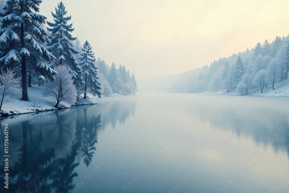 A frozen lake with a misty atmosphere and snowflakes gently falling, misty, peaceful A frozen lake with a misty atmosphere and snowflakes gently falling, misty, peaceful