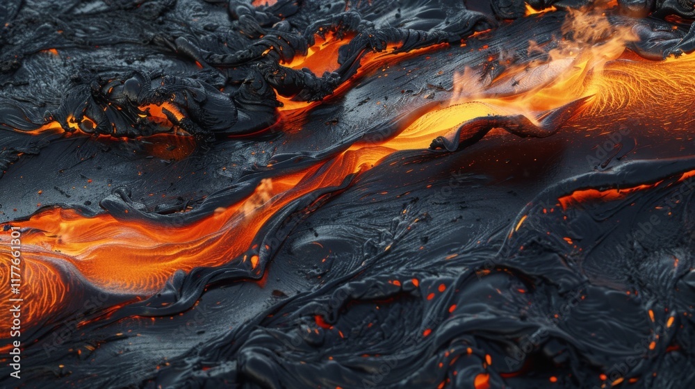 Molten lava flows across the volcanic landscape, showcasing intense heat and geological activity at night Molten lava flows across the volcanic landscape, showcasing intense heat and geological activity at night