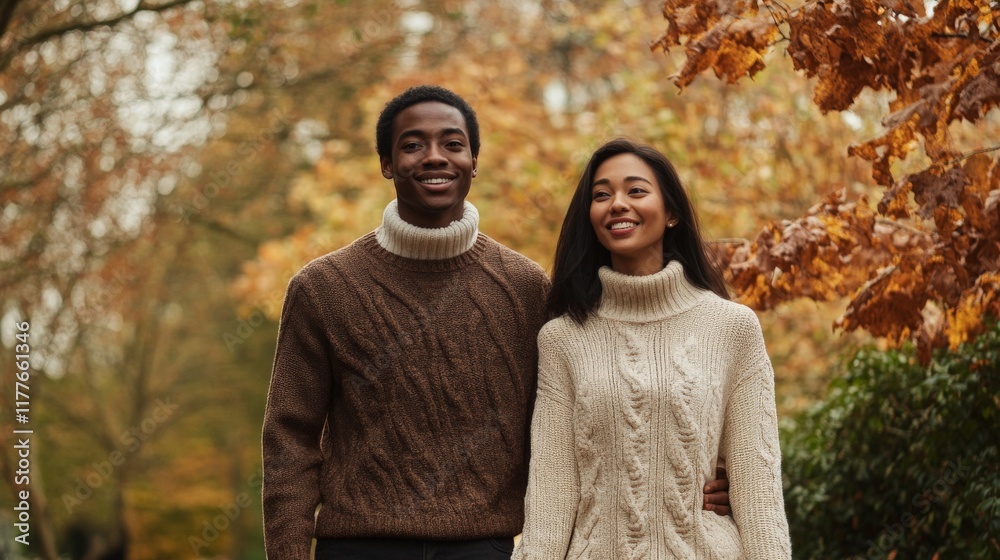 Smiling young african male and asian female in autumn park with colorful leaves Smiling young african male and asian female in autumn park with colorful leaves