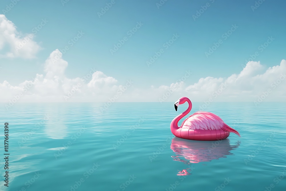 A pink flamingo pool float in the middle of an infinite blue ocean, summer background A pink flamingo pool float in the middle of an infinite blue ocean, summer background