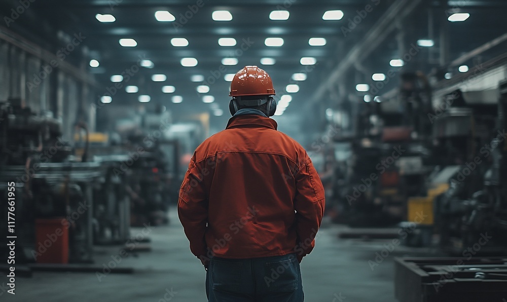 Factory worker observing large machinery in production area; industrial scene; potential use in safety and industrial articles Factory worker observing large machinery in production area; industrial scene; potential use in safety and industrial articles