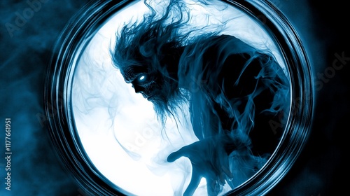 Fantasy creature in ethereal circle, mystical figure, dark background