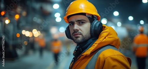 Factory worker in hard hat, night shift