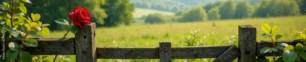 Red rose sits atop a weathered wooden gate in a serene landscape, rustic, landscapes Red rose sits atop a weathered wooden gate in a serene landscape, rustic, landscapes