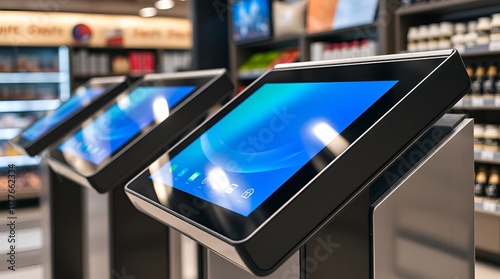 Self-service kiosks with touchscreen displays in a modern retail environment