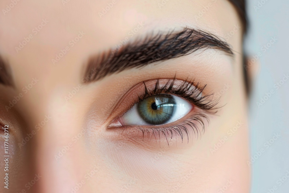 Naklejka premium Close up of a beautician showing the result of eyebrow tattooing on a model
