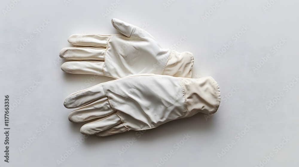 Obraz premium A closeup of a pair of clean white cotton gloves isolated on a white background, symbolizing hygiene and care, with a hint of pink in the background