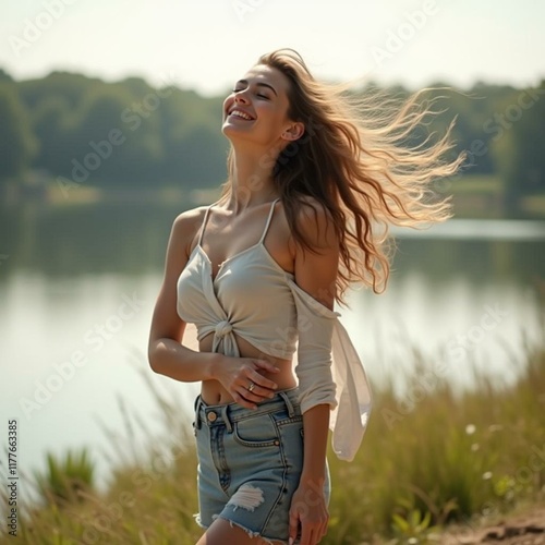 Energetic Woman with Wind in Her Hair Posing Gracefully Near a Serene Afternoon Lake