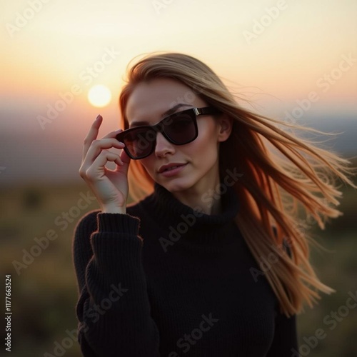 Stylish Woman with Wind in Her Hair Photographing Stunning Evening Landscapes