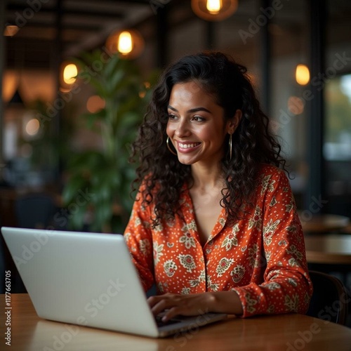 Smiling Woman in Vibrant Attire Working on Her Laptop in a Modern Evening Workspace