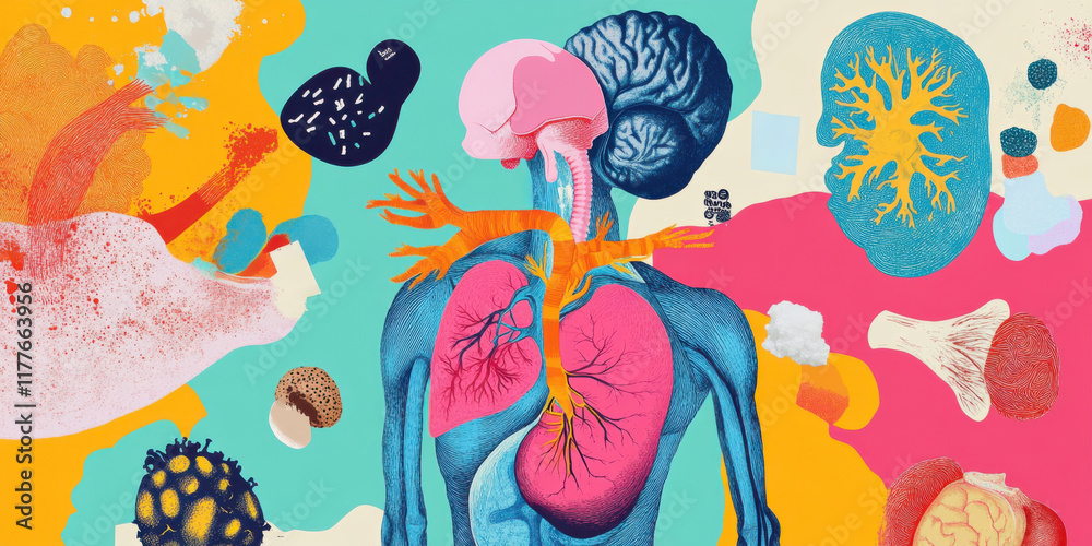 Obraz premium A Vibrant and Colorful Anatomical Illustration Depicting the Human Body and Various Cells