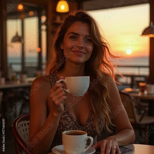 Stylish Woman Enjoying a Cup of Coffee at a Cozy Café as the Wind Gently Blows Her Hair at Sunset