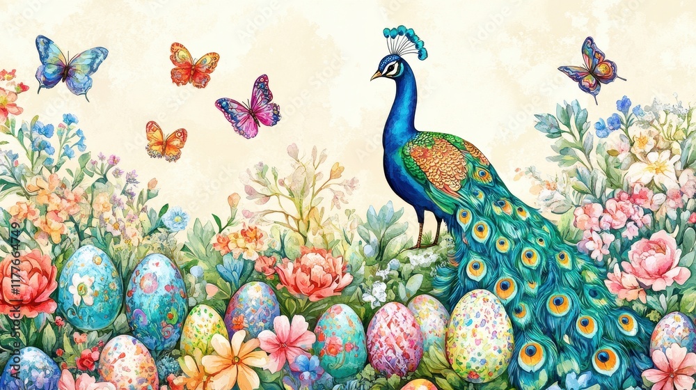 Fototapeta premium Peacock amidst colorful Easter eggs and butterflies