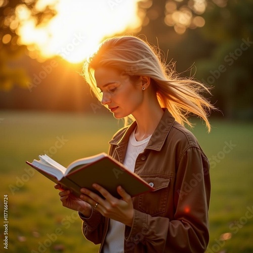 Confident Woman Reading a Book in a Sunny Park with the Wind Gently Blowing Her Hair, at Dawn