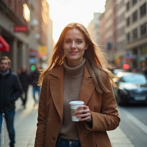 Confident Woman Holding Coffee Walking Through a Bustling City Street in the Morning
