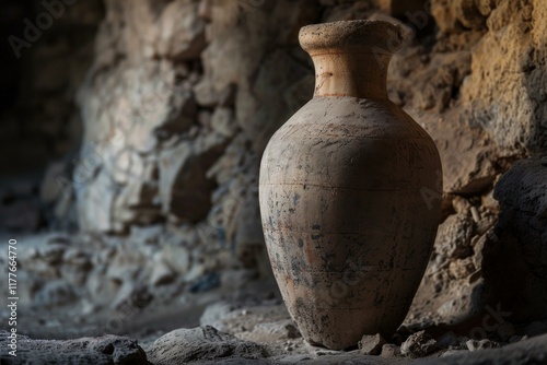 Ancient clay amphora standing in the ruins of a roman city, illuminated by a ray of light