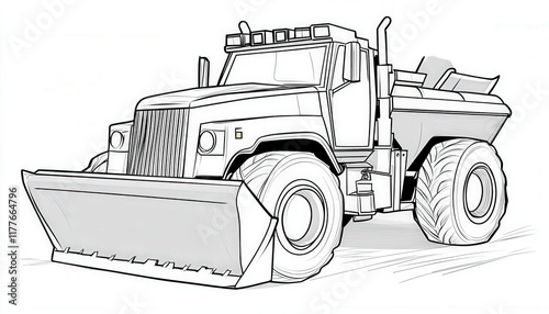 A powerful dump truck with a front blade for construction and earthmoving tasks. Ideal for site preparation, road building, and material transport.