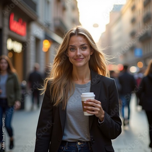 Confident Woman Holding a Coffee Cup Walking on a Bustling City Street in the Evening