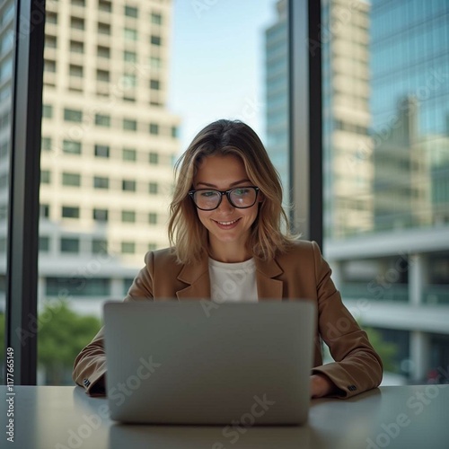 Stylish Woman with Stunning Architecture Background Working on Her Laptop in a Modern Workspace in the Afternoon