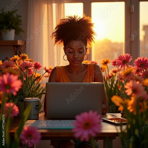 Vibrant Woman Surrounded by Flowers Working on Her Laptop in a Modern Workspace at Dawn
