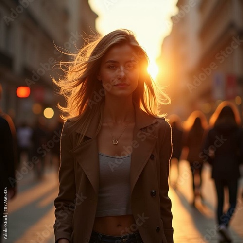 Radiant Woman with Wind Gently Blowing Her Hair Walking in a Bustling City Street at Sunset