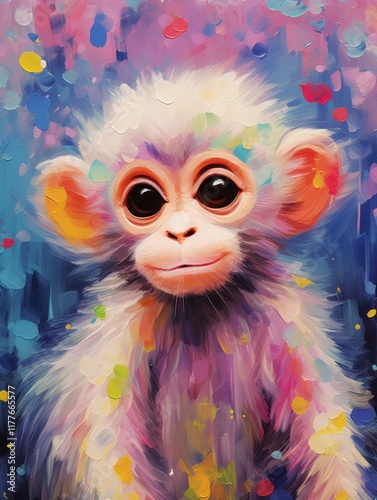 Vibrant portrait of a young monkey with colorful fur surrounded by a burst of abstract colors, emphasizing the animal's expressive eyes and playful demeanor