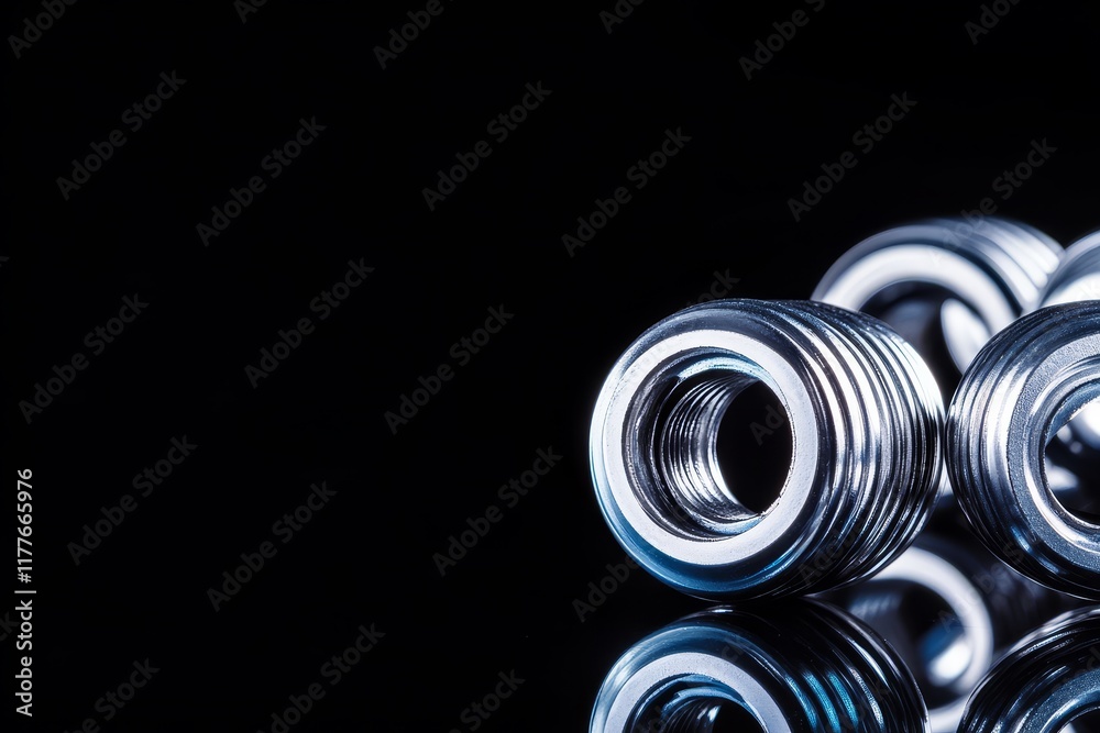 Precision Metal Components - Industrial, metallic, shiny, circular, reflective. Symbolizes precision, engineering, technology, manufacturing, and industry. Precision Metal Components - Industrial, metallic, shiny, circular, reflective. Symbolizes precision, engineering, technology, manufacturing, and industry.