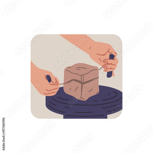 Vector illustration of human hands cutting a piece of clay standing on a pottery wheel.