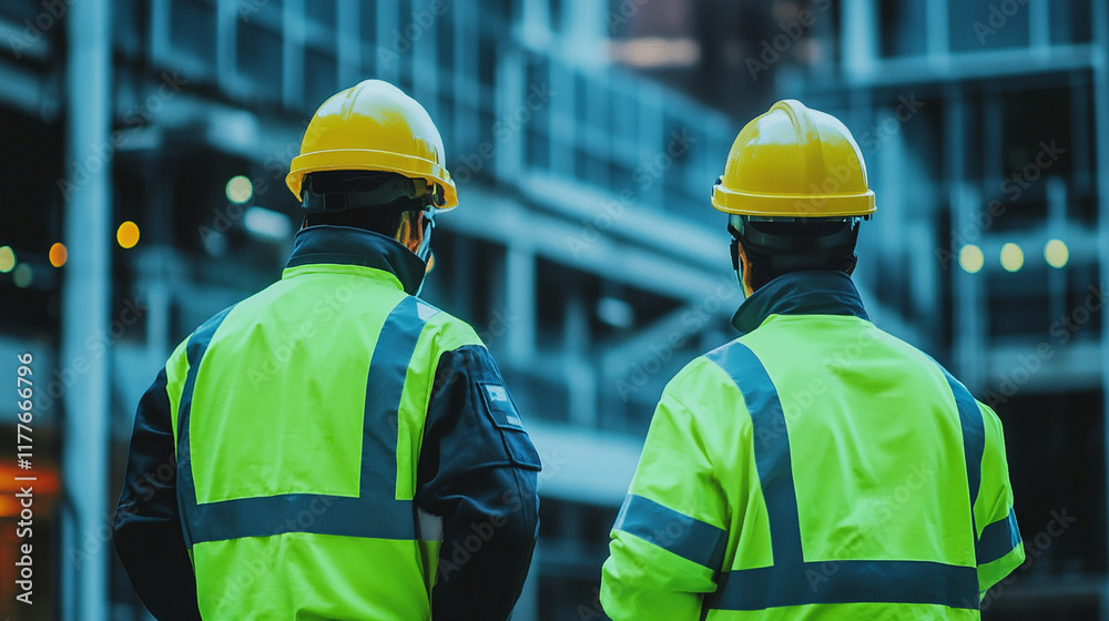 Two construction workers in high visibility jackets and helmets at building site