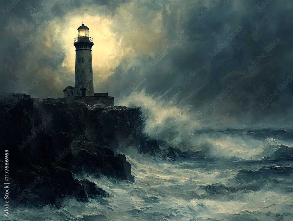 Dramatic Stormy Lighthouse on Craggy Windswept Cliff Battered by Crashing Waves in Cinematic Chiaroscuro Lighting