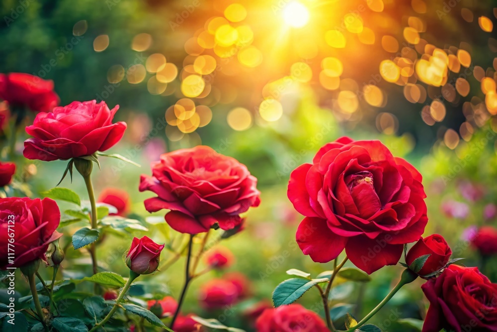 Red Roses Garden Background with Bokeh, Free Space for Text - Stock Photo