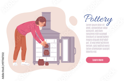 Woman puts clay vase pot in the muffle furnace for firing ceramic product, pottery handmade hobby workshop vector design