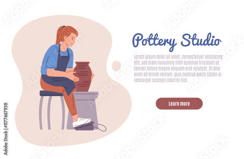 Vector illustration of a poster with a girl working at a potter's wheel, shaping a clay vase.