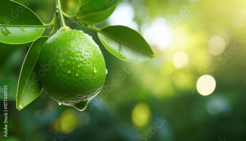 green lemon on the tree blurred green background an fantastic supply of vitamin c blurred inexperienced lime at the tree