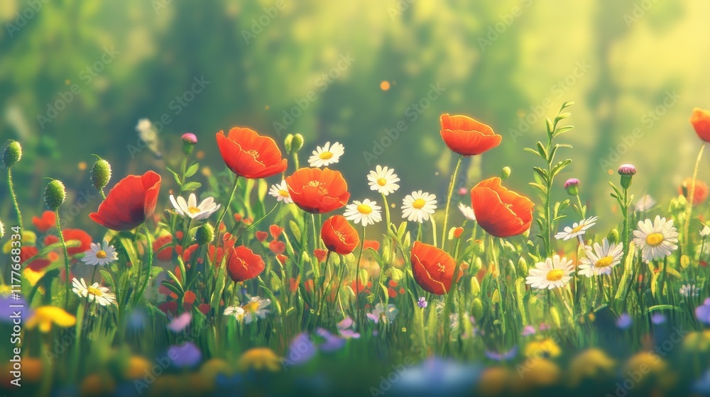 Obraz premium Colors of spring bloom in a vibrant field filled with wildflowers under soft sunlight
