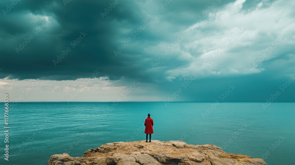 Person Standing on Rock by Calm Ocean Under Dark Clouds Person Standing on Rock by Calm Ocean Under Dark Clouds